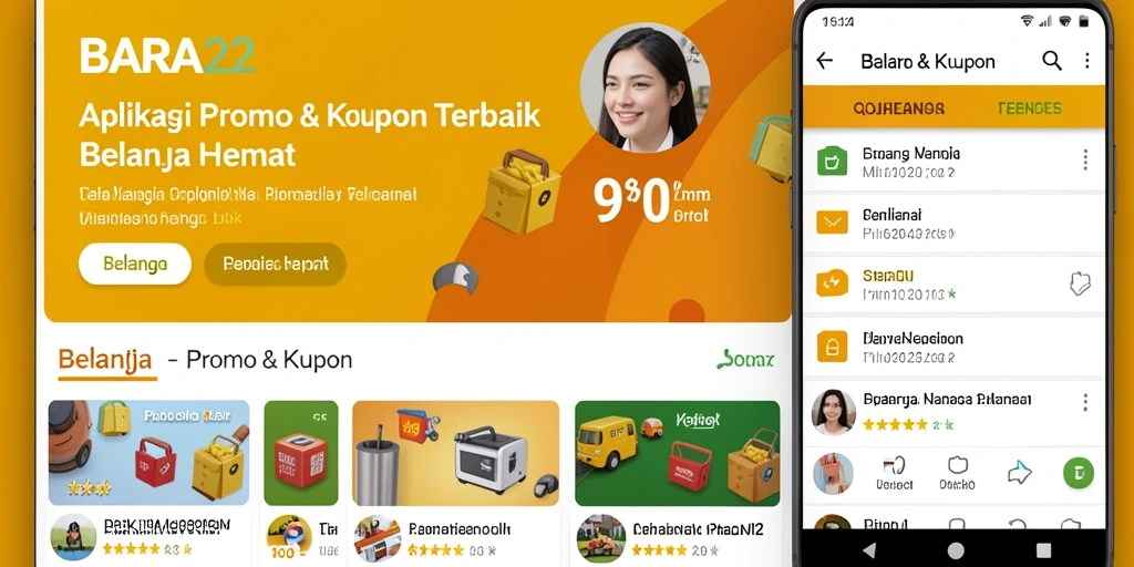 Tampilan antarmuka aplikasi BARA22 dengan berbagai fungsi promo dan kupon.